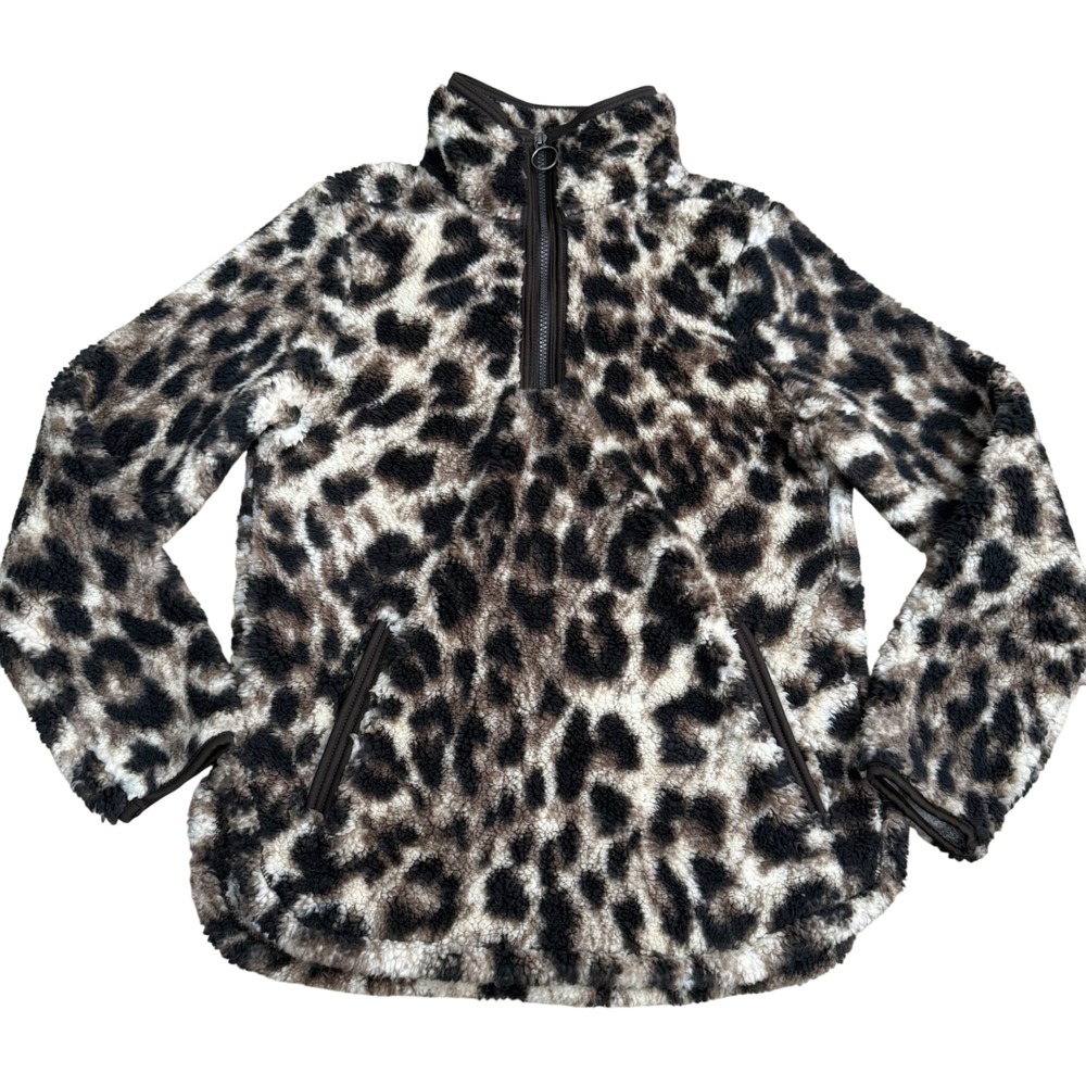 Cozy Sherpa (Leopard) Quarter Zip Fleece Pullover Women Size Small
